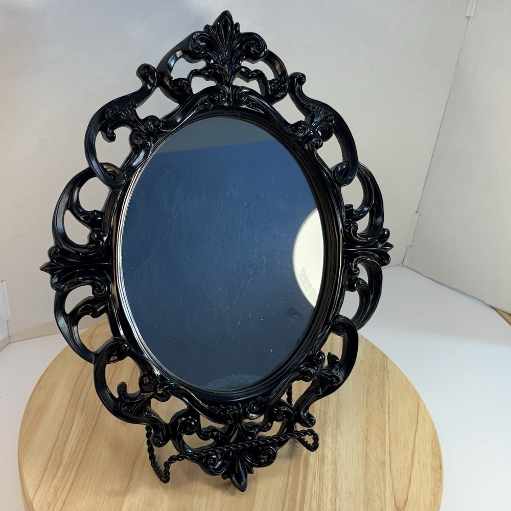 Ornate Victorian Black Oval Plastic Vanity Mirror 16x12 in